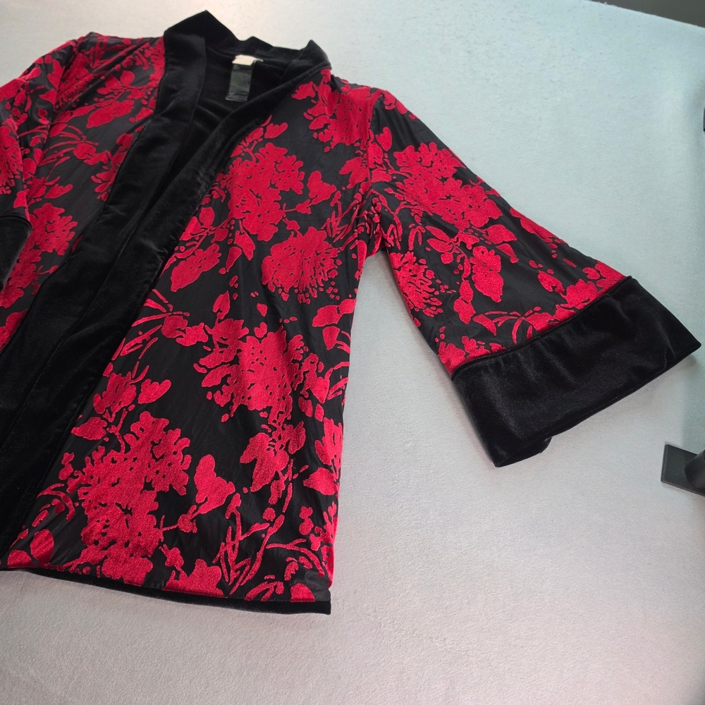 Chico's Travelers Red Floral Burnout Velvet Open Front Cardigan XL 3 Boho